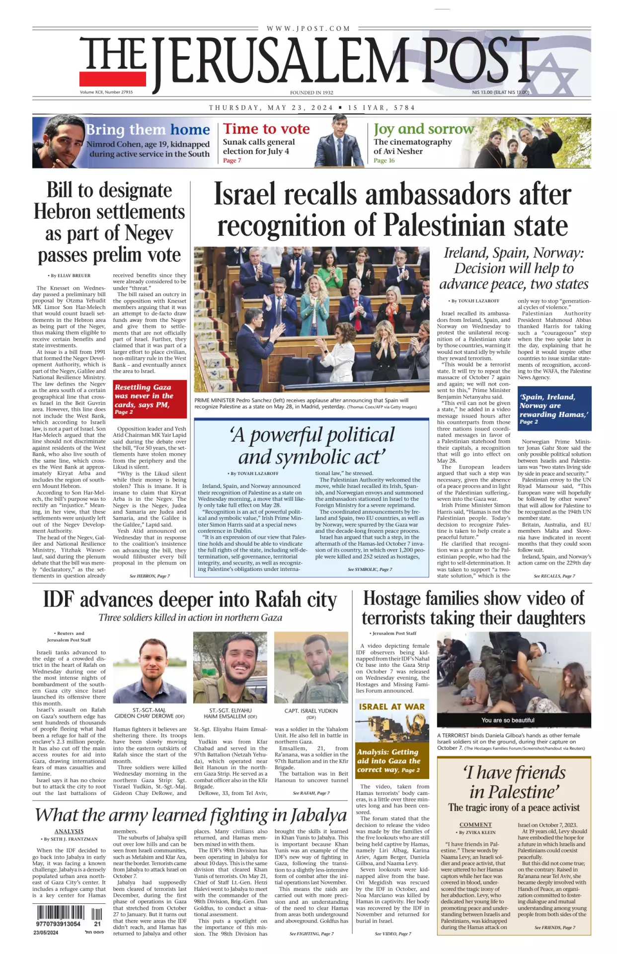 Prima-pagina-the jerusalem post-edizione-di-oggi-23-05-2024